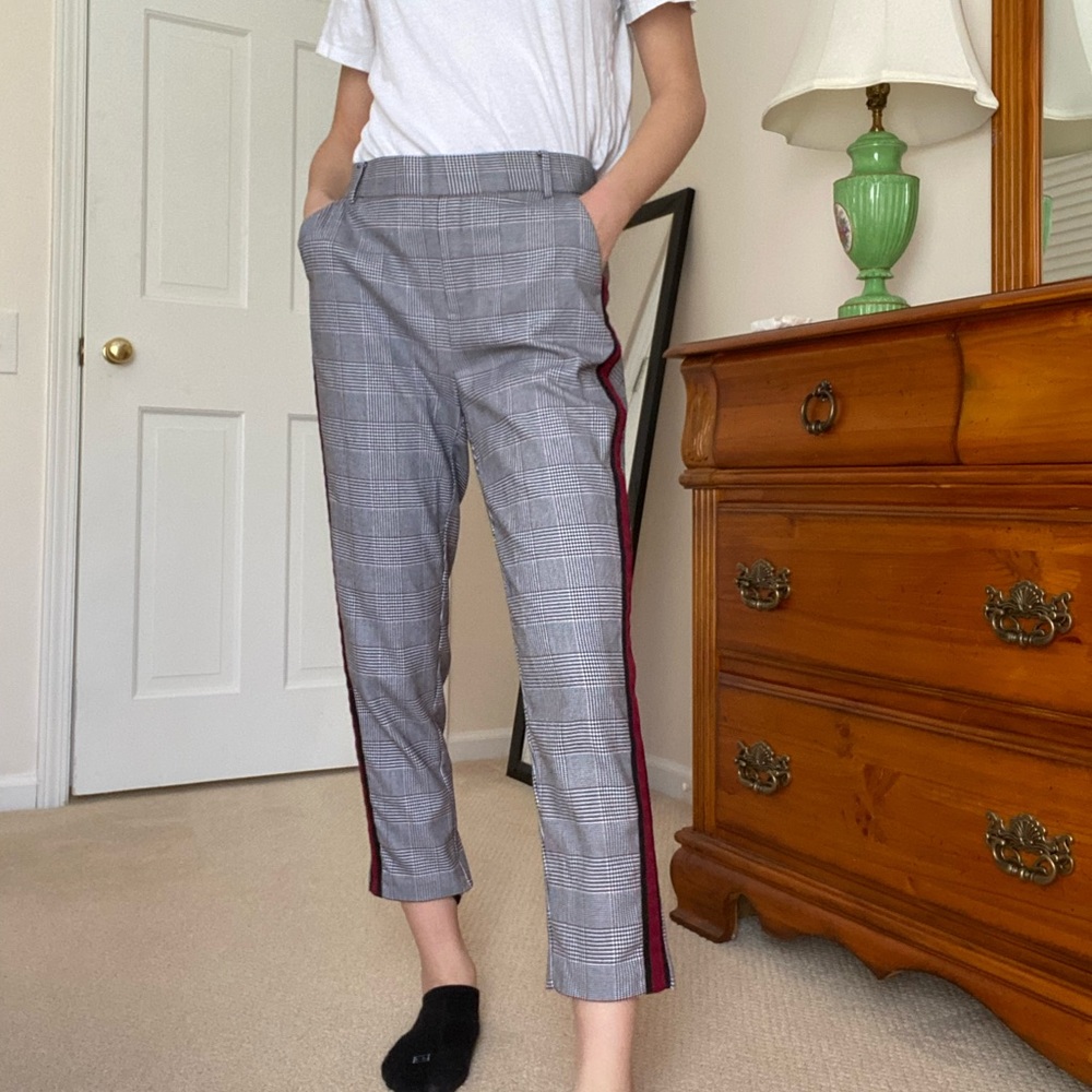 Zara checkered plaid work pants w/ red stripe
